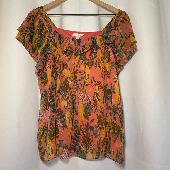 LC Lauren Conrad Womens L Tropical Hawaiian Bird Coral Chiffon Flutter Boho EUC - Picture 1 of 7